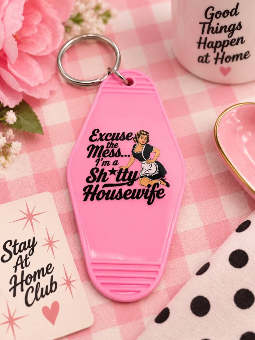 Pink Retro Housewife Motel Keychain